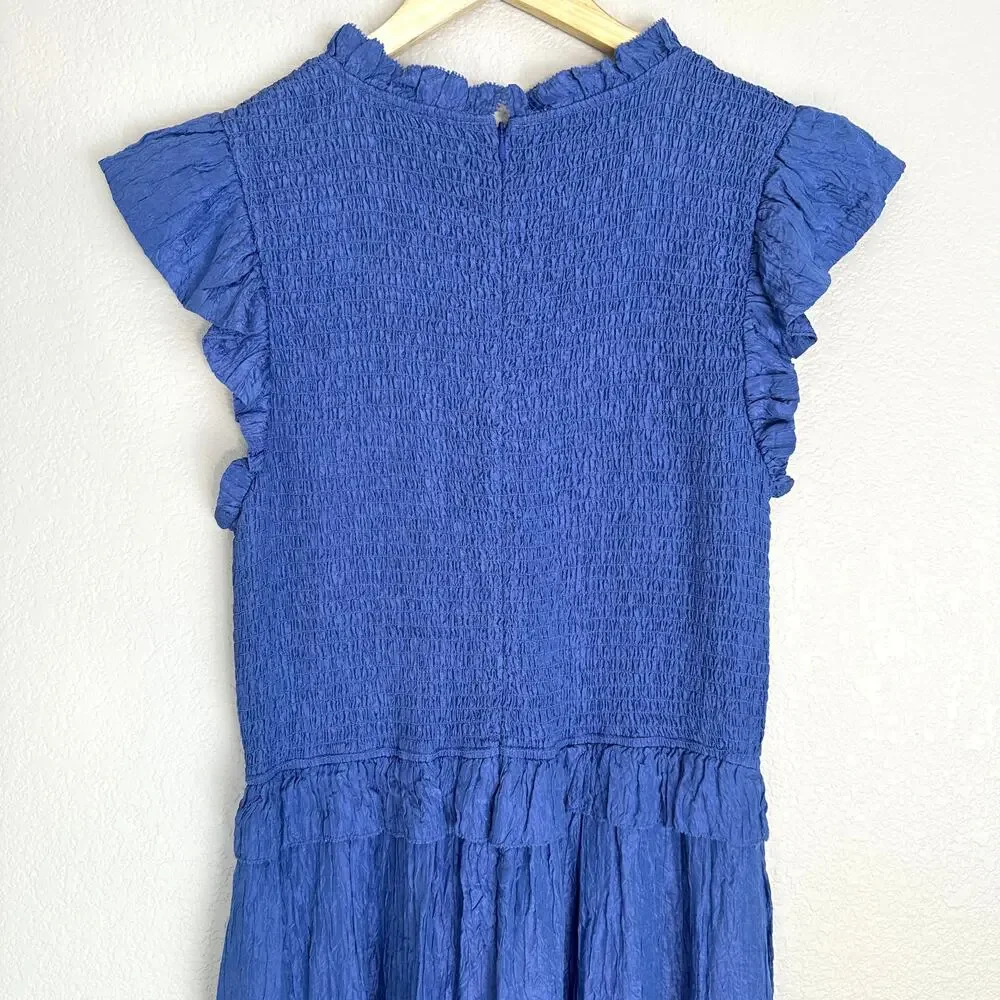 Sea New York‎ Blue Siya Dress, Silk, Smocked Midi Tiered, Spring, Resort, XL - Picture 6 of 13